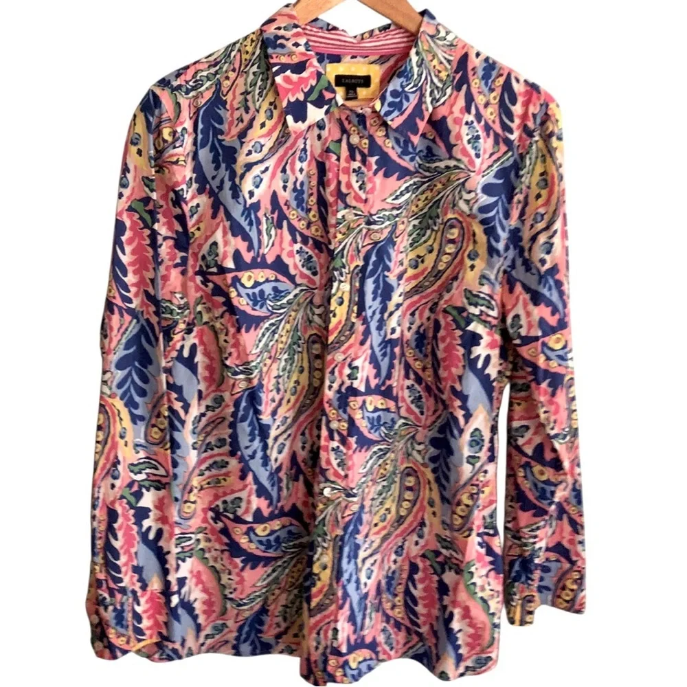 Talbots Sz XL Colorful Button Down Top Shirt Cotton Abstract Paisley L/S Maximal